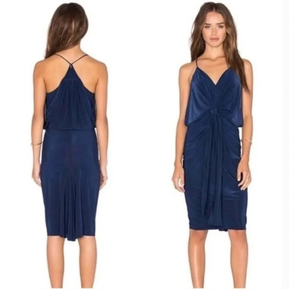 MISA Los Angeles Domino Dress Draped Ruched Knee Length Navy Size XS Cocktail - Picture 2 of 8